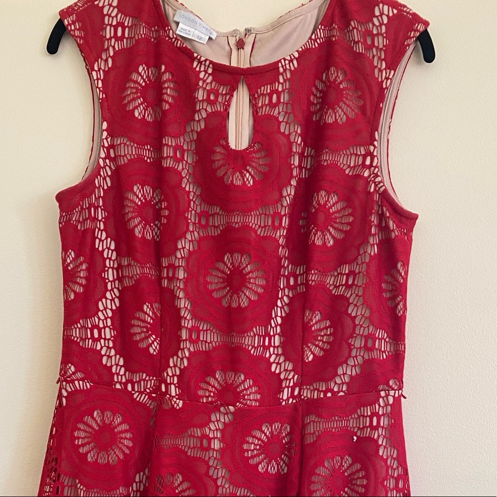 Red lace over nude London Fog dress